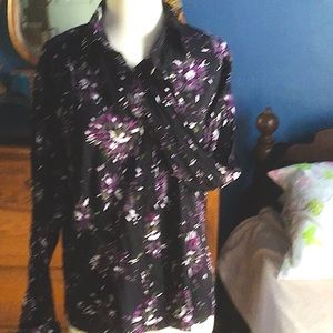 Purple, green, white, and black long sleeve shirt. Cuffed wrist.